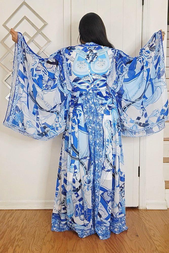 051625 Our Blue Print Unique Kimono Sleeves Maxi Dress