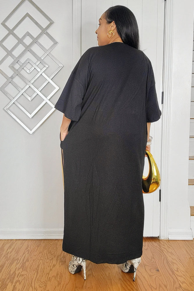 042525 Lady with The Fedora Design Jersey Short Sleeve Dress- Black