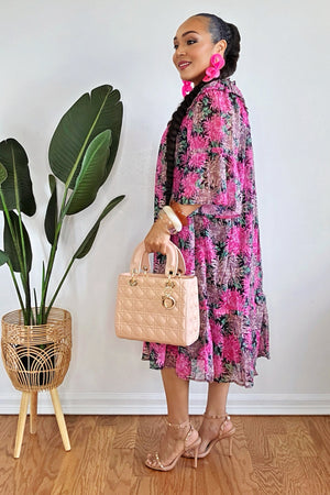 051625 Black Multi Florals Short Sleeve Floral Tunic Mini Dress