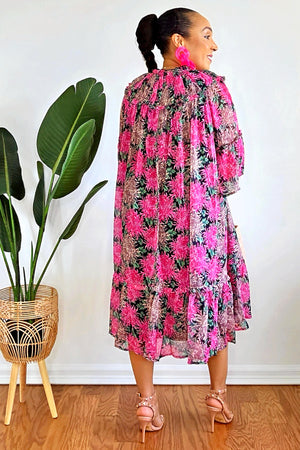 051625 Black Multi Florals Short Sleeve Floral Tunic Mini Dress