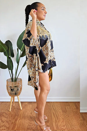 051525  Black with Brown print High-Low Tunic Blouse with Gold Studs