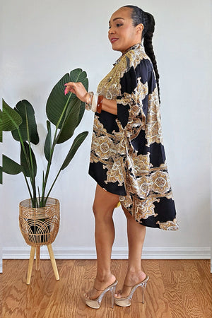 051525  Black with Brown print High-Low Tunic Blouse with Gold Studs