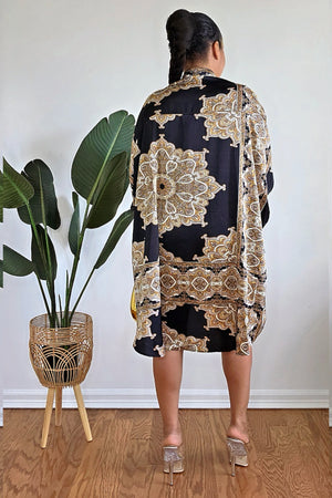 051525  Black with Brown print High-Low Tunic Blouse with Gold Studs