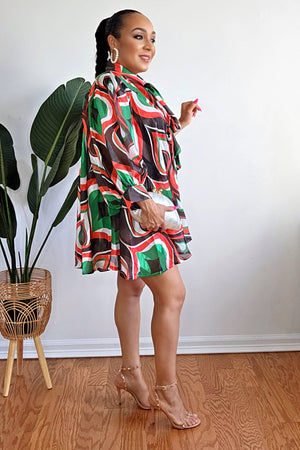 040925 Green Red Multi Print Bow Tie Flowy Oversized Blouse