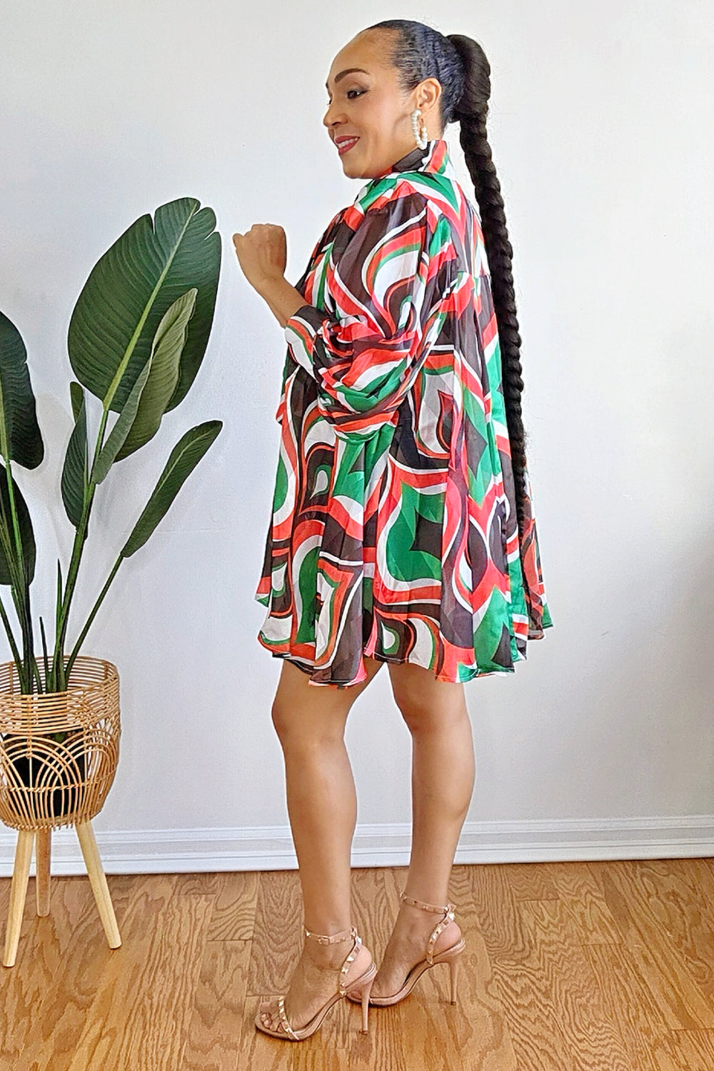 040925 Green Red Multi Print Bow Tie Flowy Oversized Blouse