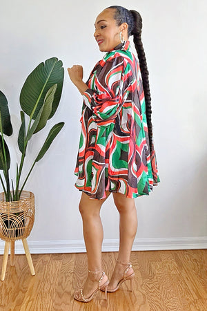 040925 Green Red Multi Print Bow Tie Flowy Oversized Blouse