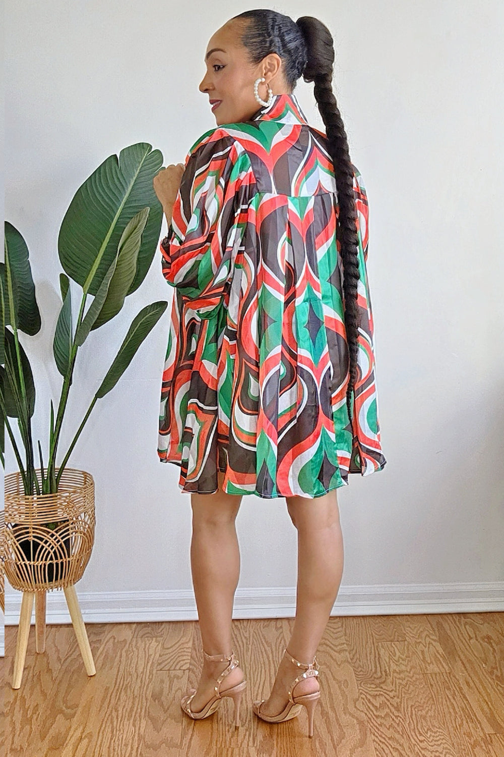 040925 Green Red Multi Print Bow Tie Flowy Oversized Blouse