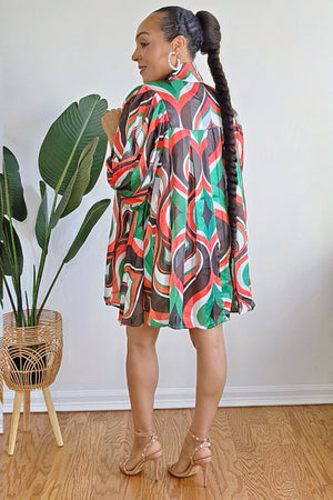 040925 Green Red Multi Print Bow Tie Flowy Oversized Blouse