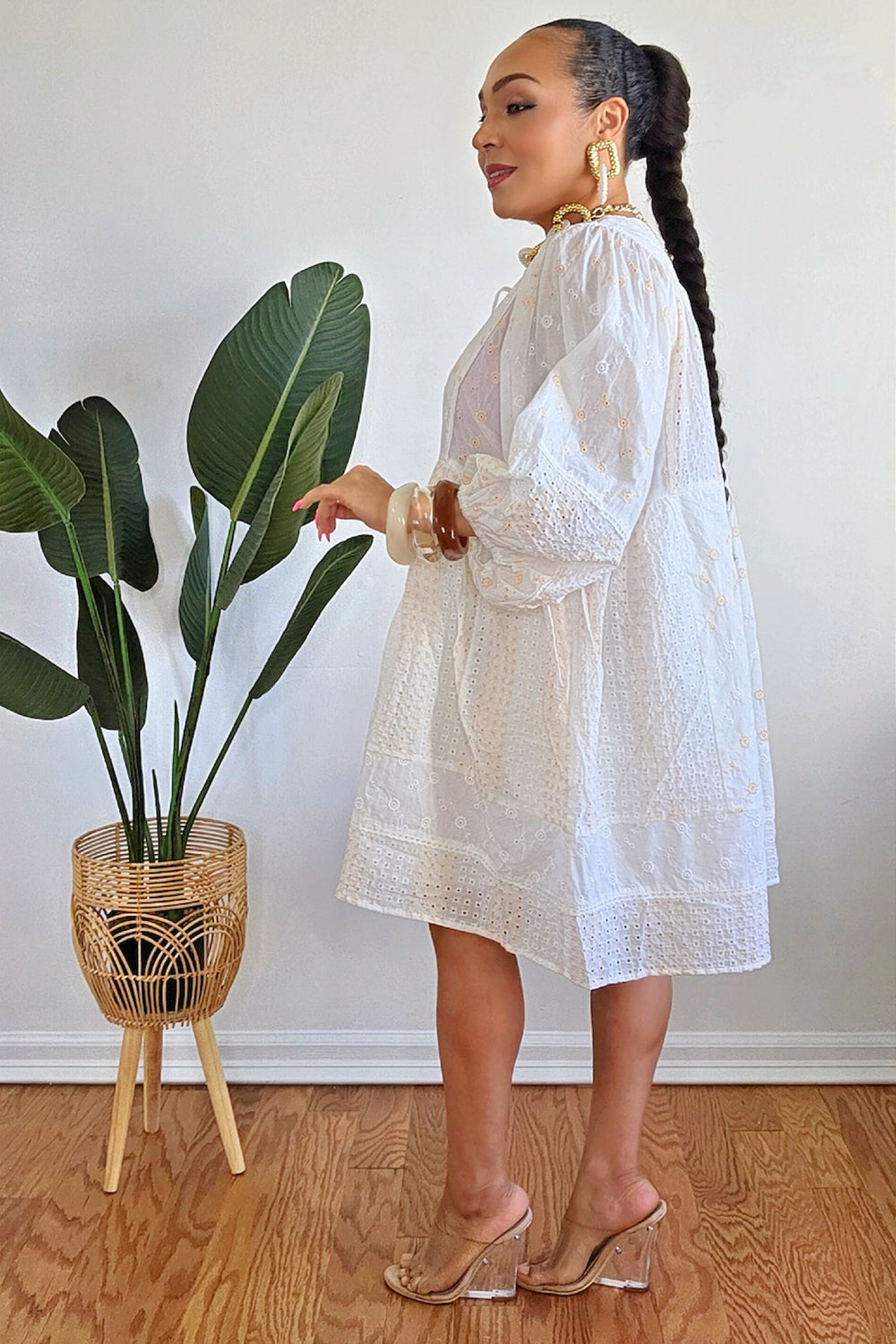 051425 Our Dreamy Front Pockets Floral Eyelet Tunic Mini Dress