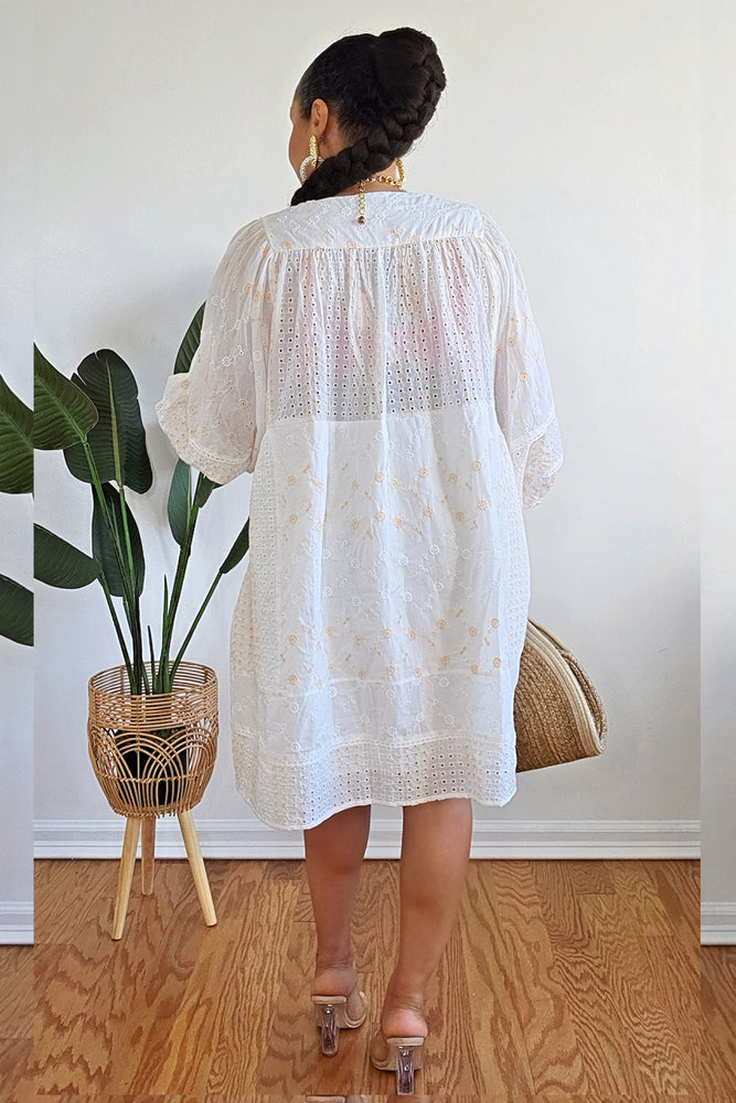 051425 Our Dreamy Front Pockets Floral Eyelet Tunic Mini Dress