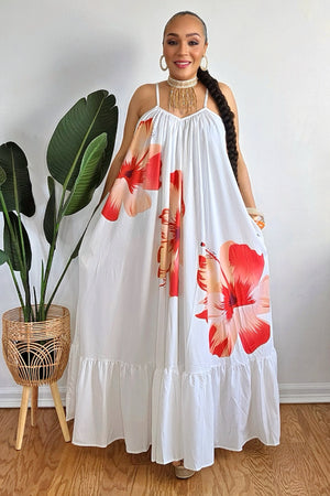 050125 Mothers Day White Hibiscus Flower Maxi Dress