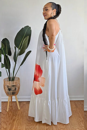 050125 Mothers Day White Hibiscus Flower Maxi Dress