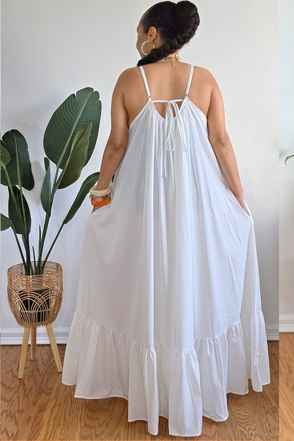 050125 Mothers Day White Hibiscus Flower Maxi Dress