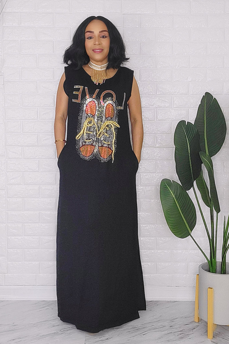 020824 The Black Jersey Maxi Dress with Shoes with Lace