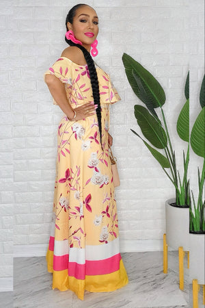 050125 The Yellow & Pink  Florals Print Maxi Skirt with Crop Top