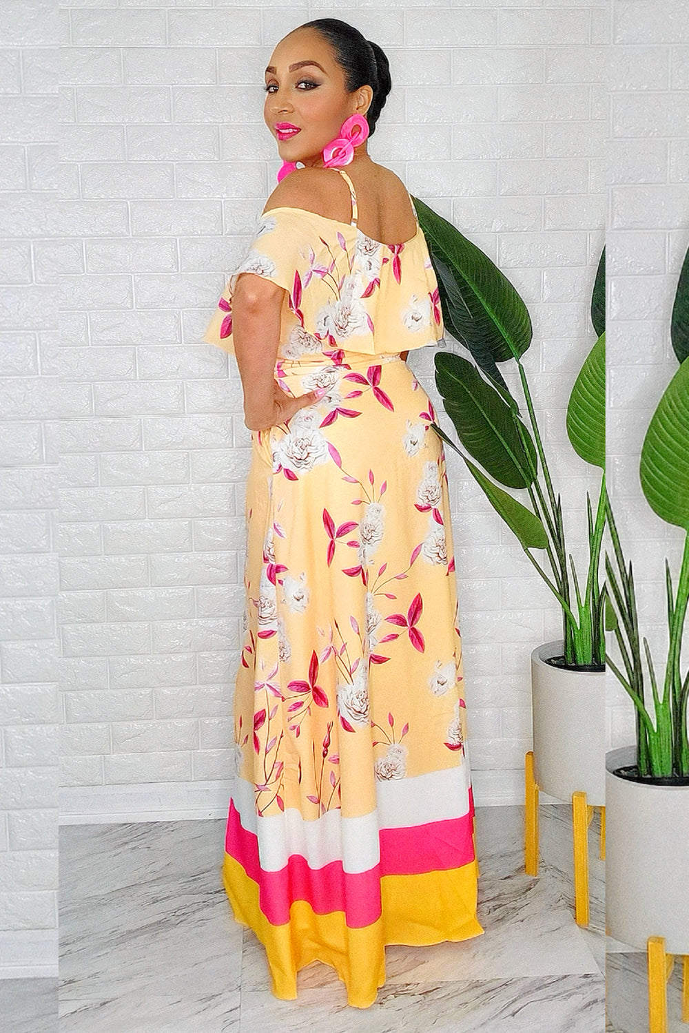050125 The Yellow & Pink  Florals Print Maxi Skirt with Crop Top