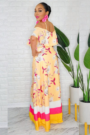 050125 The Yellow & Pink  Florals Print Maxi Skirt with Crop Top