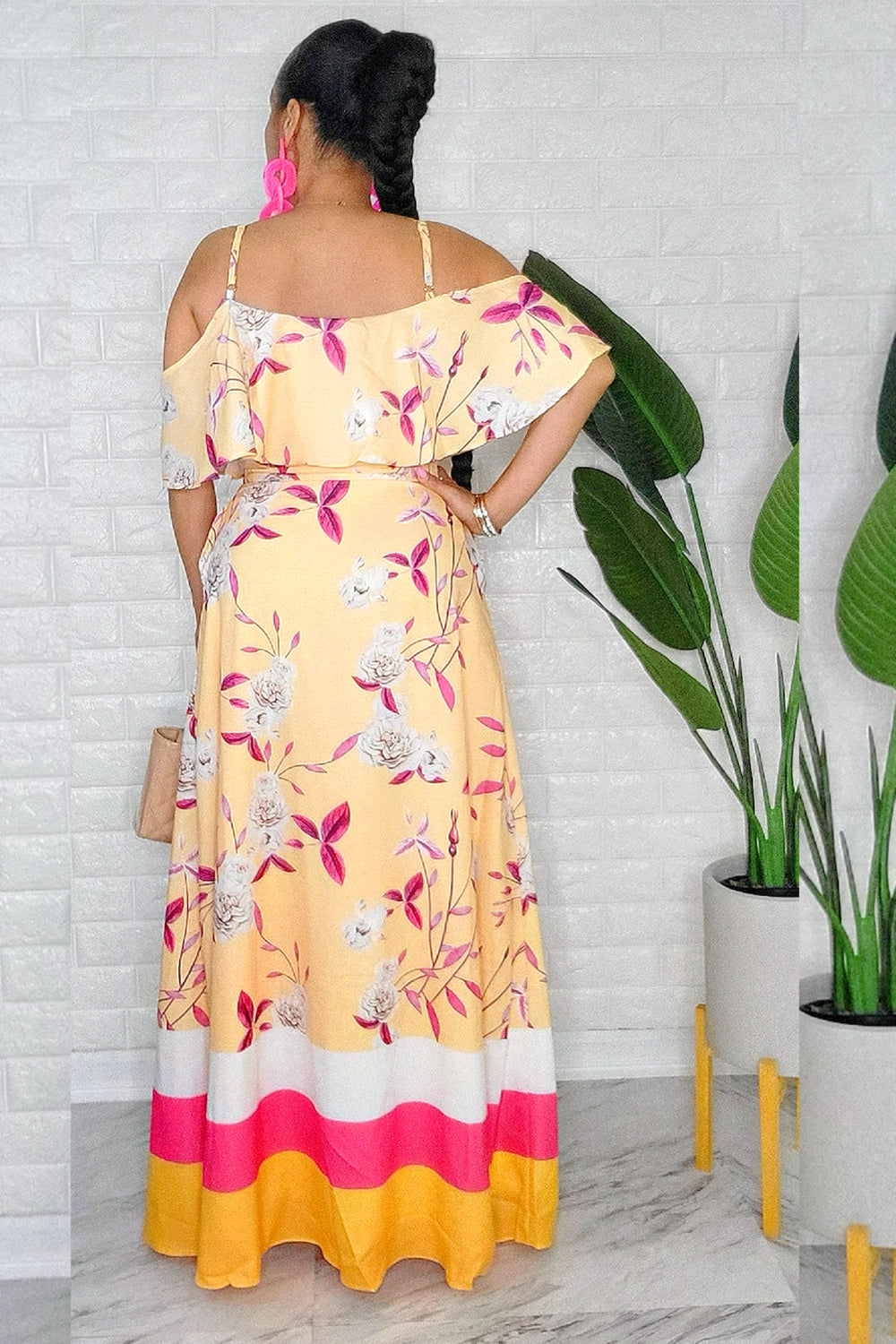 050125 The Yellow & Pink  Florals Print Maxi Skirt with Crop Top