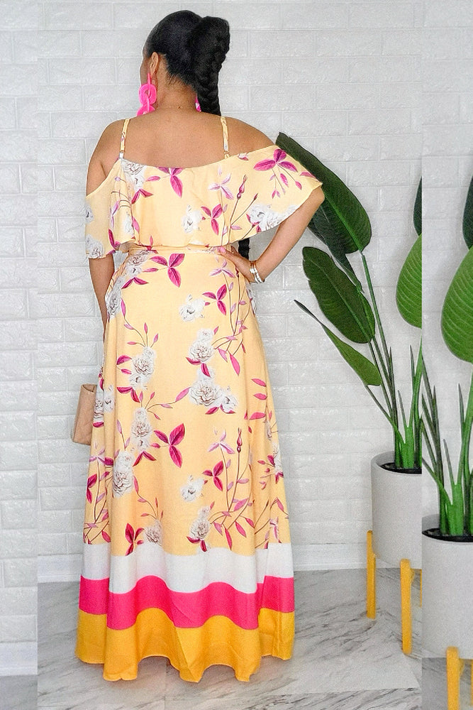 050125 The Yellow & Pink  Florals Print Maxi Skirt with Crop Top