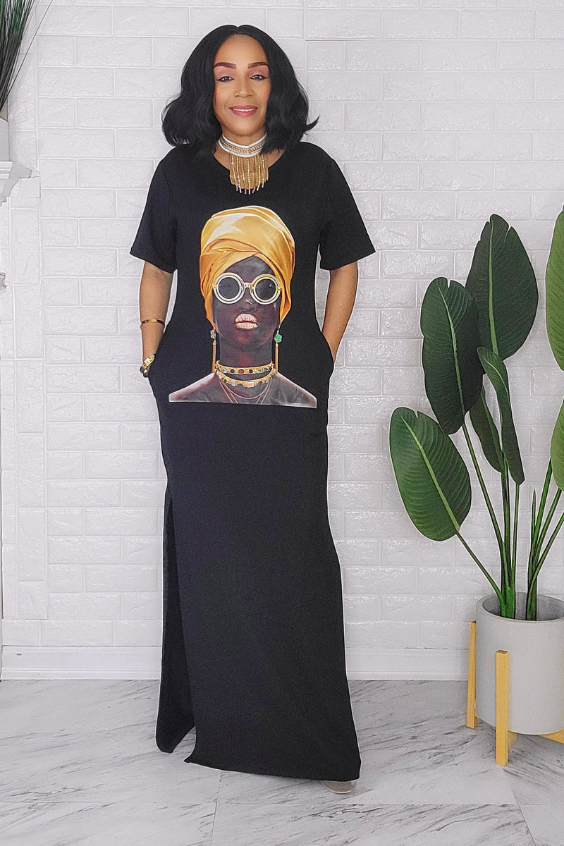 020824 The Black Jersey Maxi Dress with African Lady