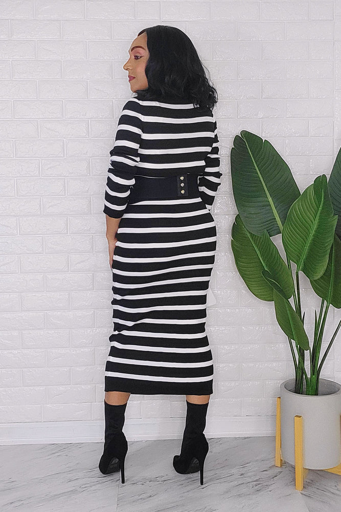 012524 Black & White Stripe Sweater Skirt with Crop Top Set