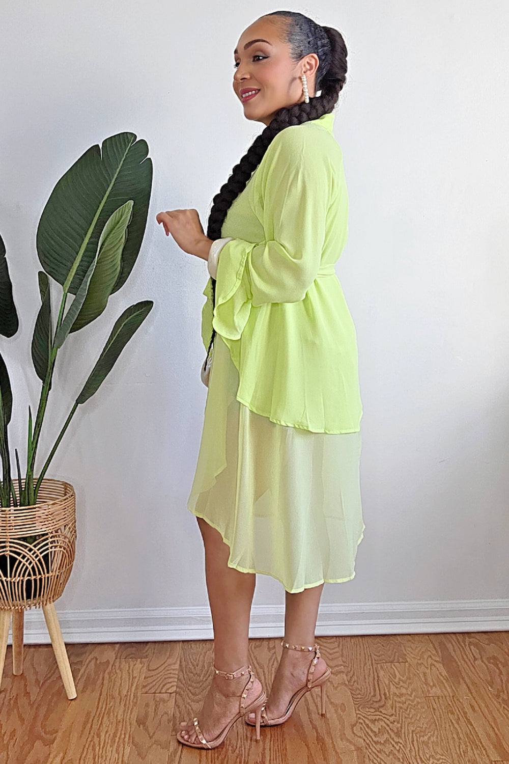 040925 Our Lime Button Down Hi-Low Bell Sleeve Blouse
