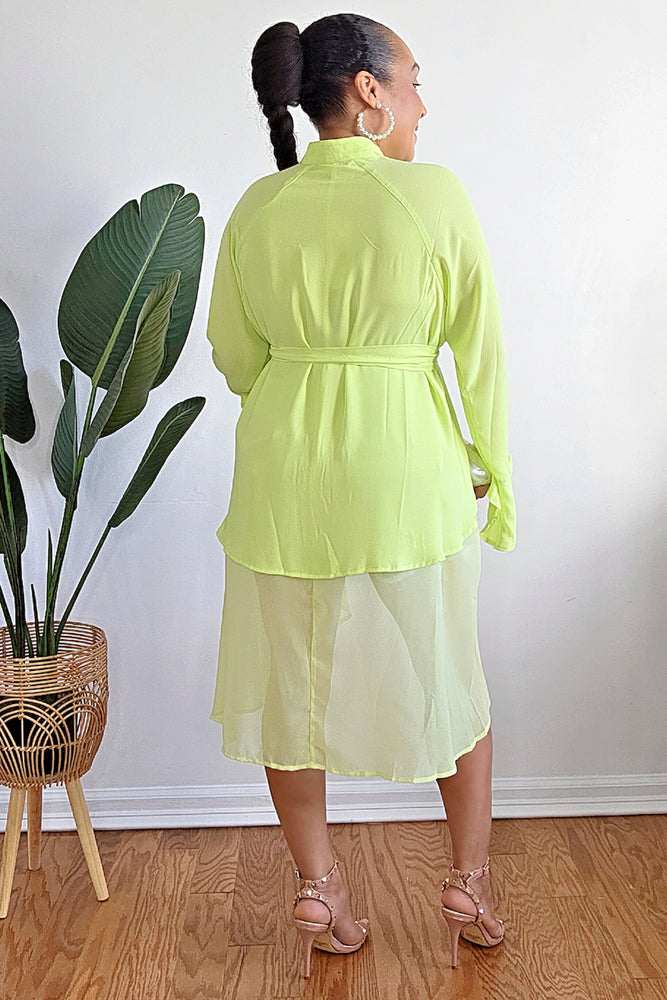 040925 Our Lime Button Down Hi-Low Bell Sleeve Blouse