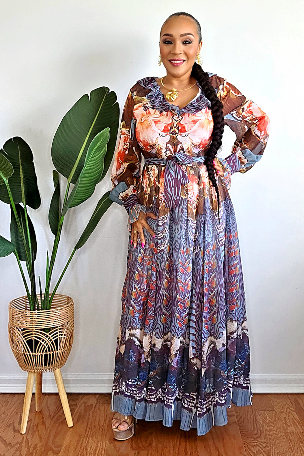 051625 Long Sleeve V-neck Ruffle Multi  Brown Print Maxi Dress