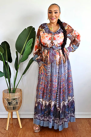 051625 Long Sleeve V-neck Ruffle Multi  Brown Print Maxi Dress