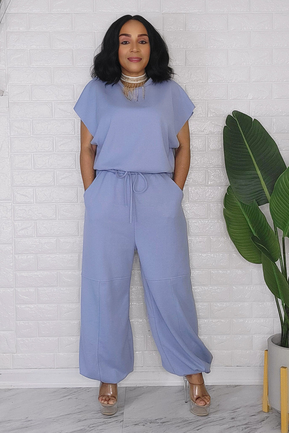 020824 The Light Blue Short sleeves jumpsuit with pockets