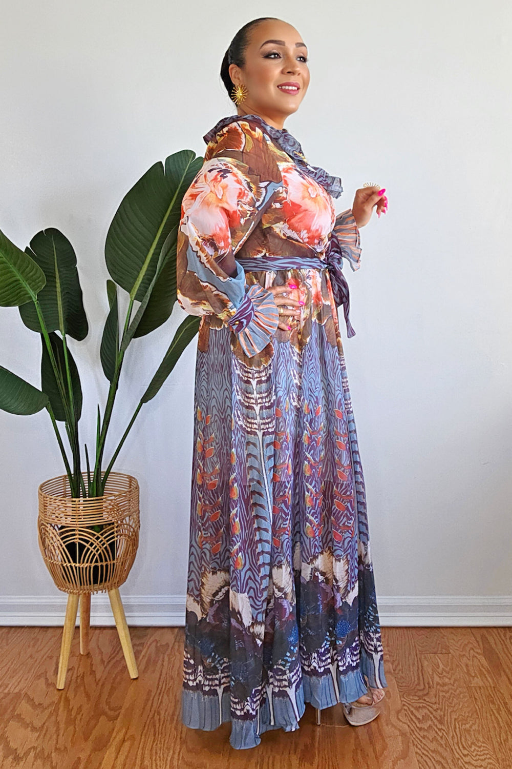 051625 Long Sleeve V-neck Ruffle Multi  Brown Print Maxi Dress