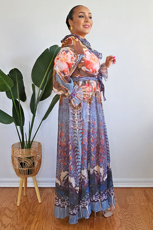 051625 Long Sleeve V-neck Ruffle Multi  Brown Print Maxi Dress