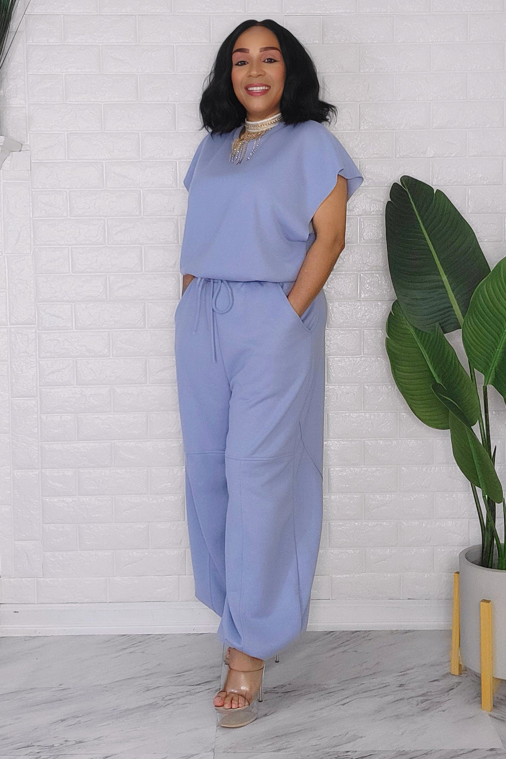 020824 The Light Blue Short sleeves jumpsuit with pockets