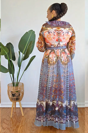 051625 Long Sleeve V-neck Ruffle Multi  Brown Print Maxi Dress