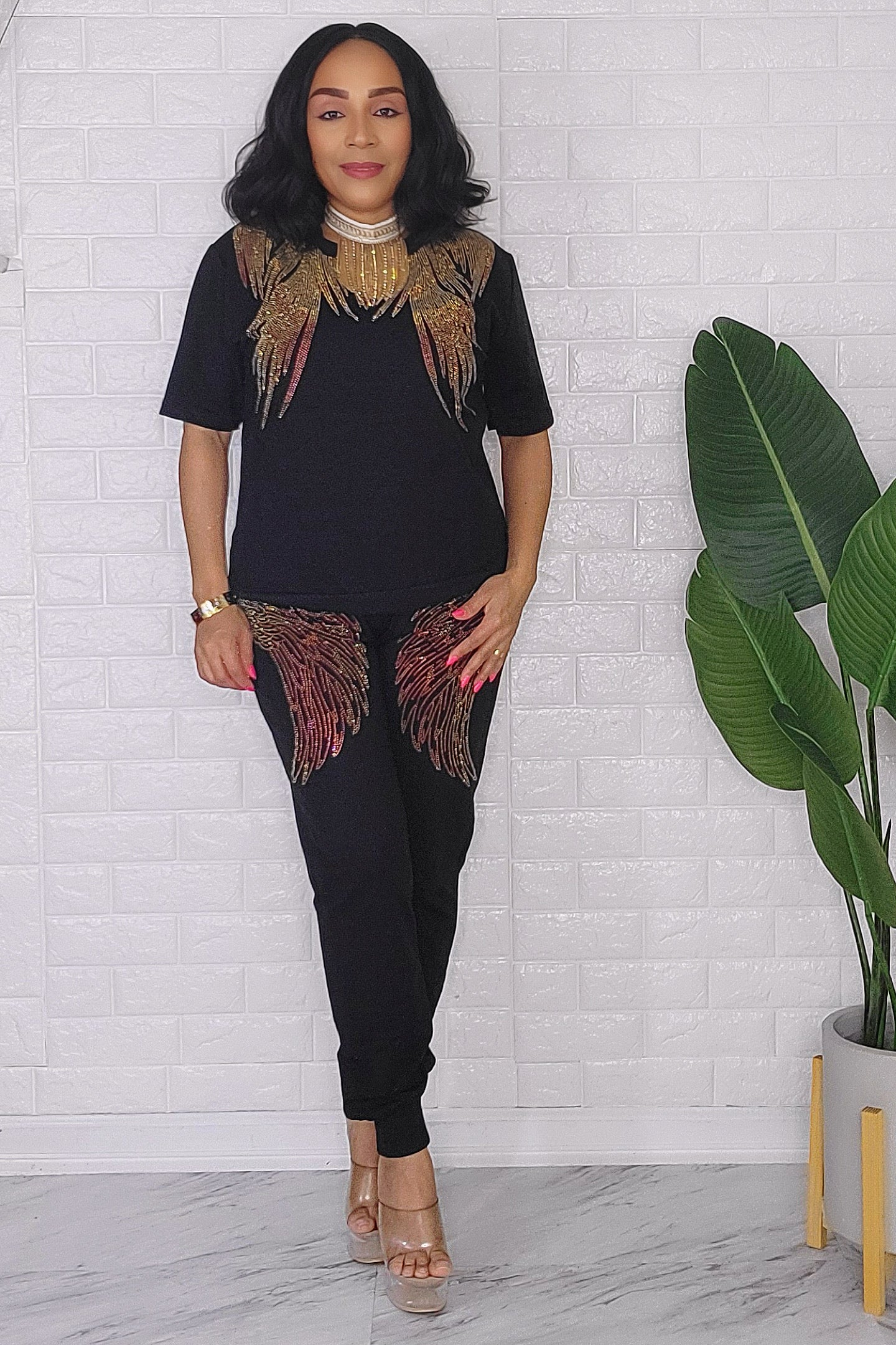 020824 The Black Pant and Top Set with Rhinestones