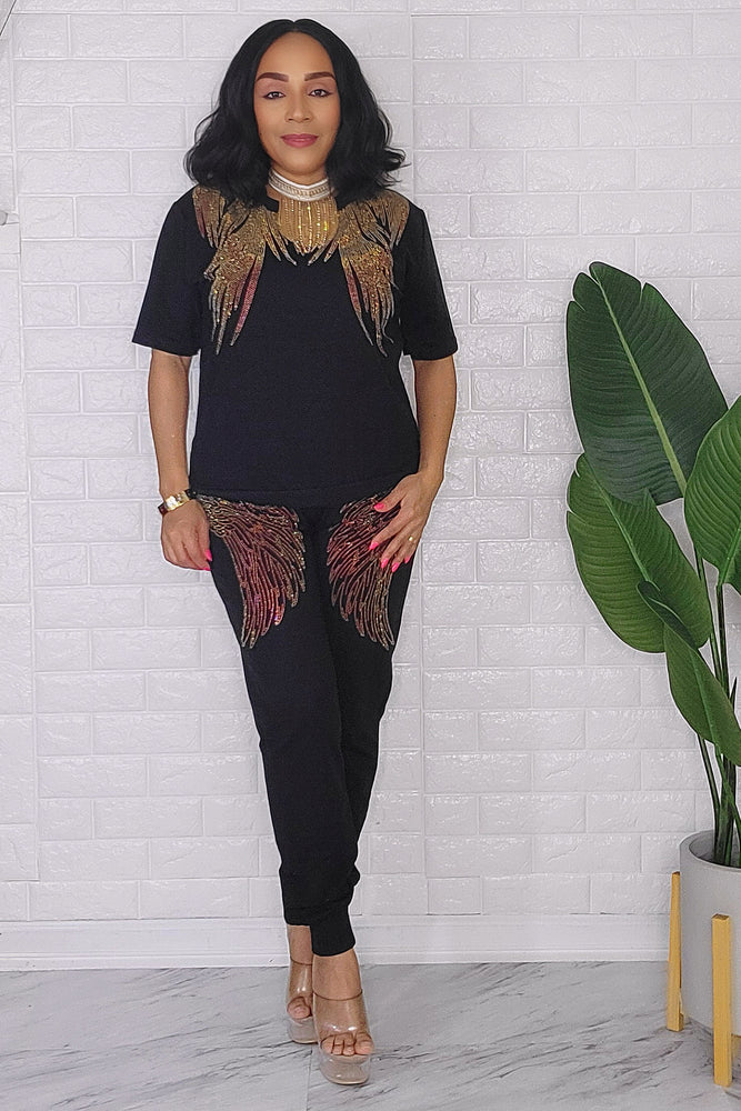 020824 The Black Pant and Top Set with Rhinestones