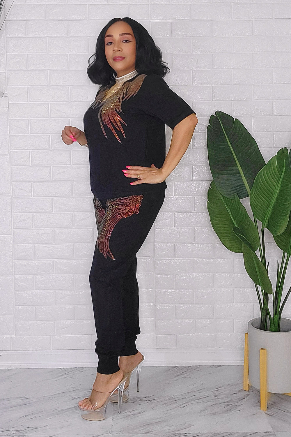 020824 The Black Pant and Top Set with Rhinestones