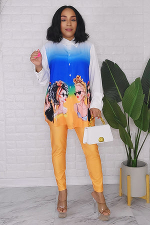 020824 The ladies button down Shirt with Orange leggings Set