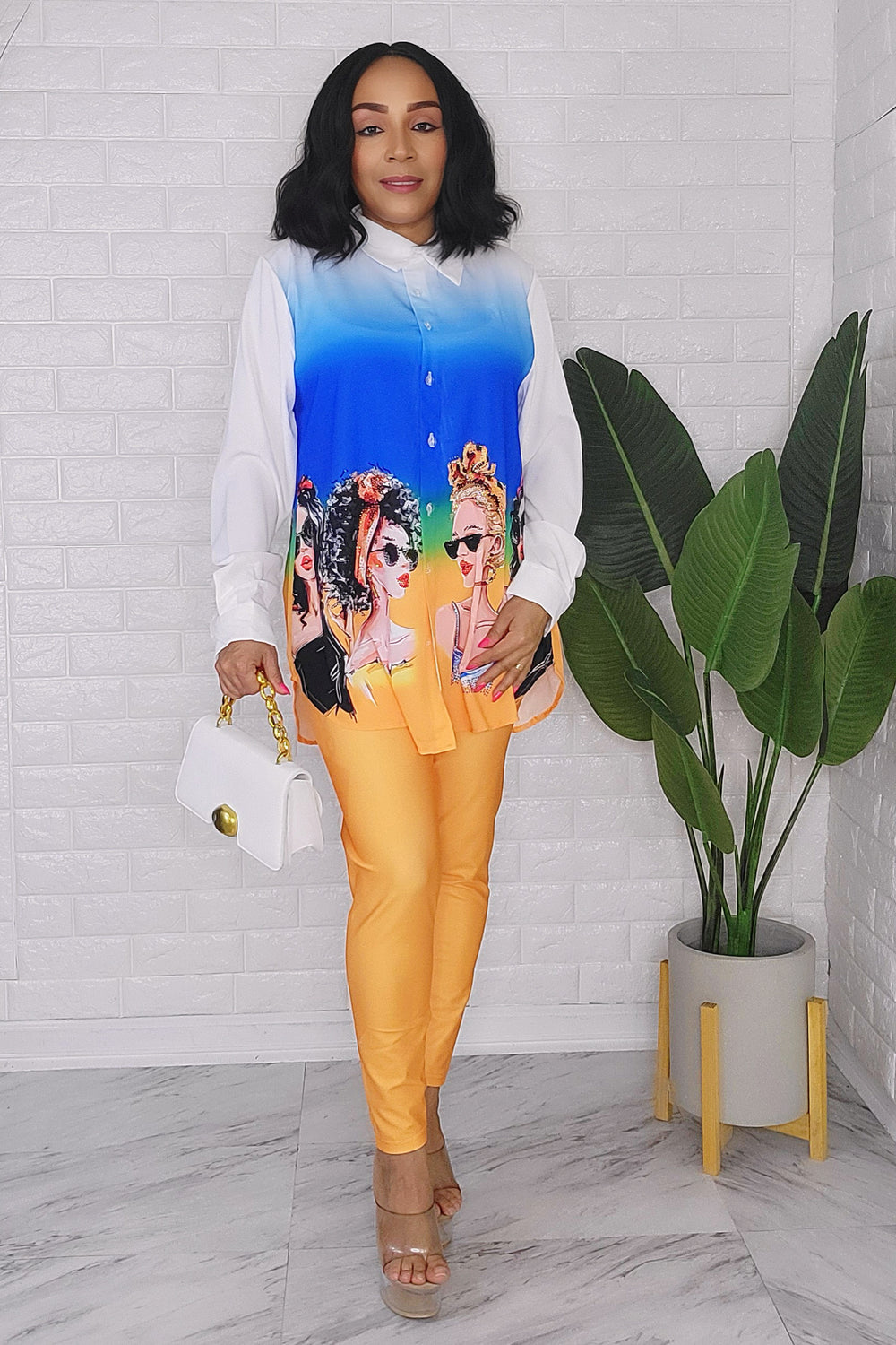 020824 The ladies button down Shirt with Orange leggings Set