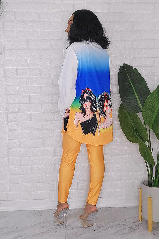 020824 The ladies button down Shirt with Orange leggings Set