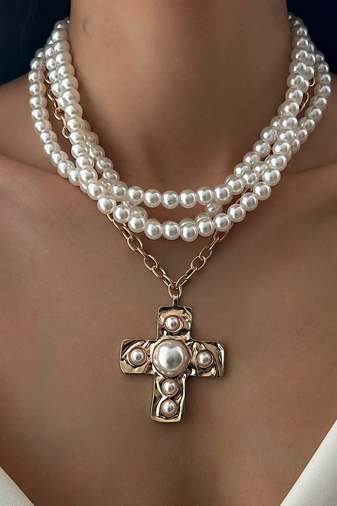 052725 Cross Alloy Pendant Pearl Beaded Necklace