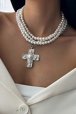 052725 Cross Alloy Pendant Pearl Beaded Necklace