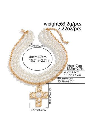 052725 Cross Alloy Pendant Pearl Beaded Necklace