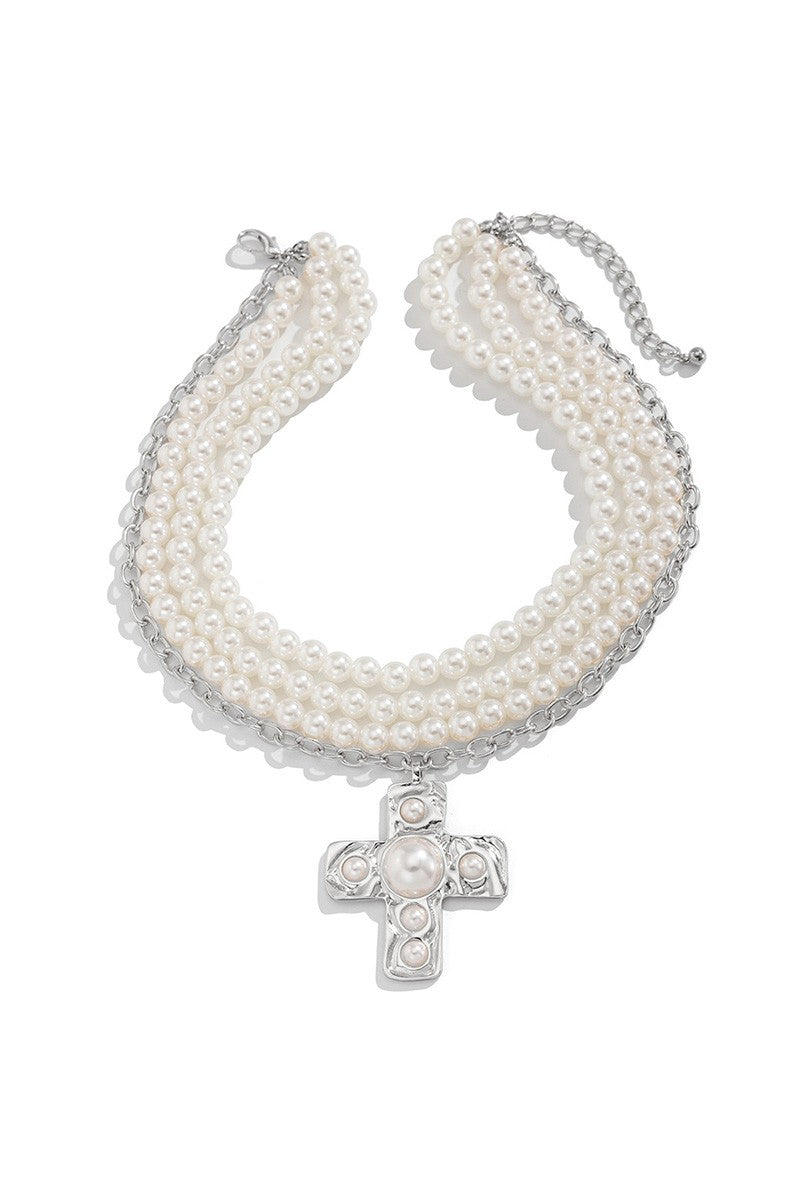 052725 Cross Alloy Pendant Pearl Beaded Necklace