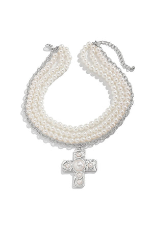 052725 Cross Alloy Pendant Pearl Beaded Necklace