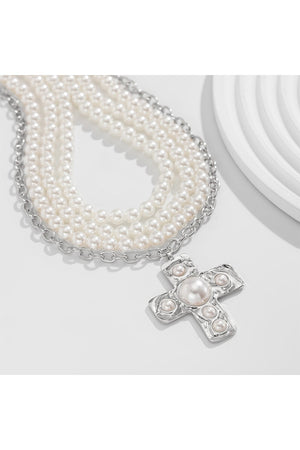 052725 Cross Alloy Pendant Pearl Beaded Necklace