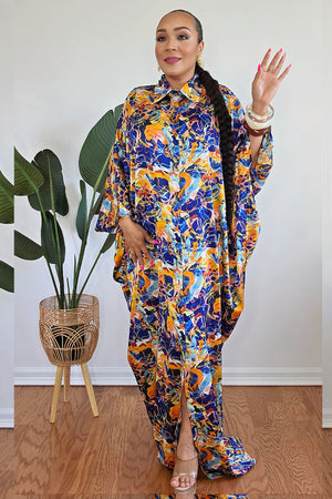 051625 3/4 Sleeve V-neck Button Up Multi Print Maxi Dress