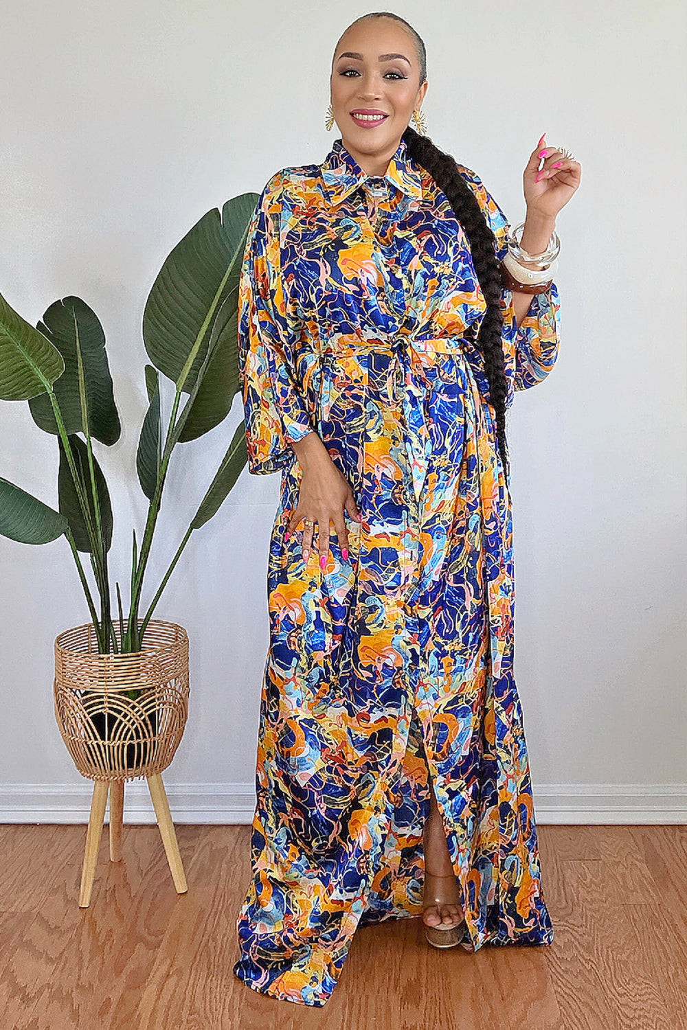 051625 3/4 Sleeve V-neck Button Up Multi Print Maxi Dress