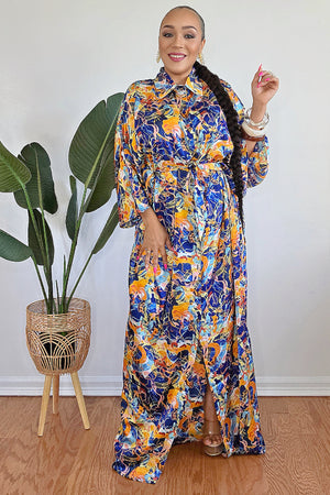 051625 3/4 Sleeve V-neck Button Up Multi Print Maxi Dress
