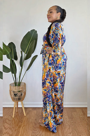 051625 3/4 Sleeve V-neck Button Up Multi Print Maxi Dress